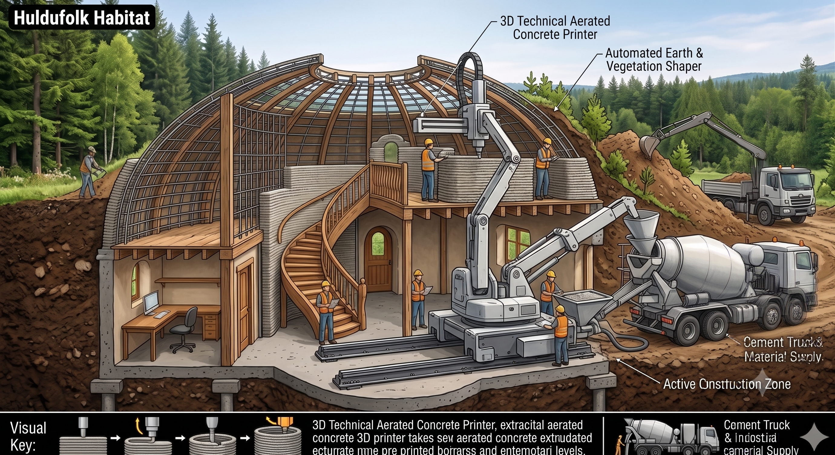 Huldufólk Habitat — 3D printed aerated concrete construction with automated earth shaper