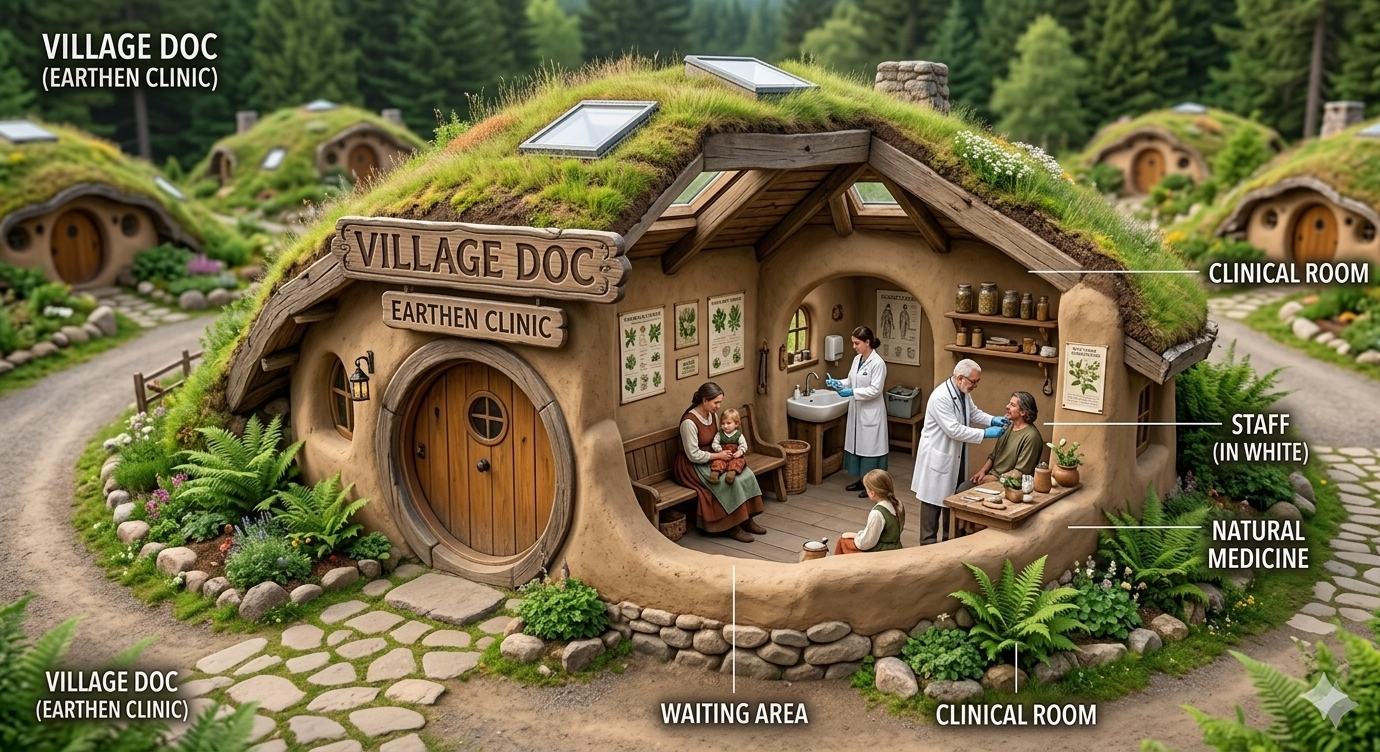 Village Doc — earthen clinic with doctor, nurse, waiting area and natural medicine