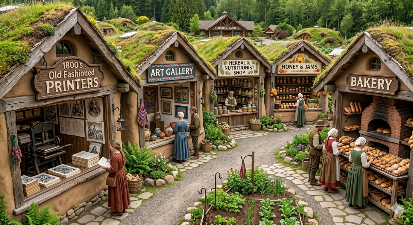Artisan workshops — carpentry, ironsmith, loom weaving, seamstress and hat shop