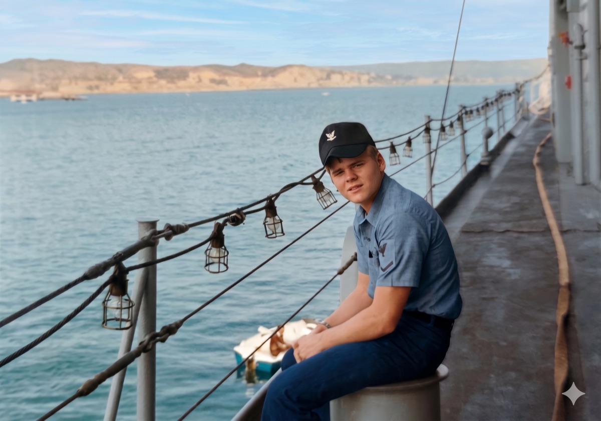 Christopher on the deck of USS Albany CG-10